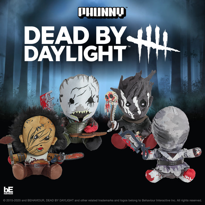 Set of four Dead by Daylight plush toys featuring The Hillbilly, The Nurse, The Trapper, and The Wraith characters.