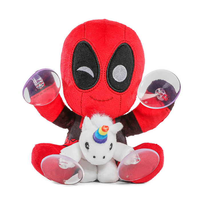 Deadpool with unicorn plush window clinger featuring colorful cartoon design and vibrant details, perfect for decorating windows.