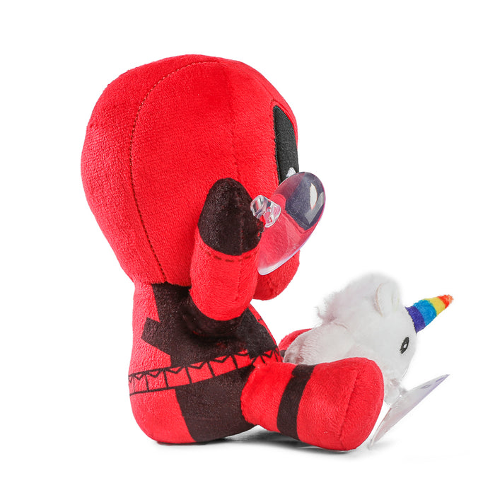 Deadpool with unicorn plush window clinger featuring colorful Deadpool and unicorn design for decorative wall or window display.