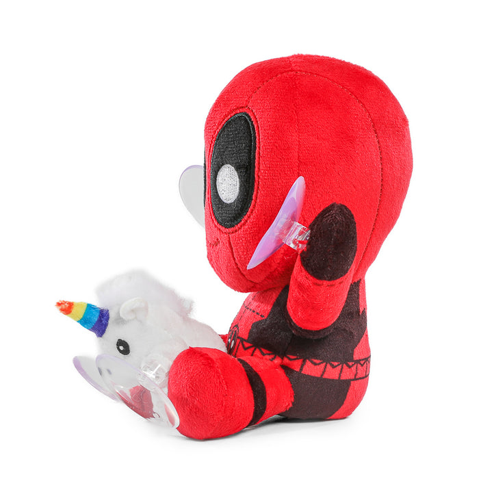 Deadpool with unicorn plush window cling featuring a colorful cartoon design, perfect for decorating windows.