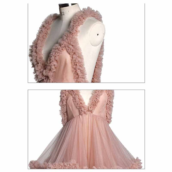 Deep V Neck Flare Ruffles Tulle Robe Maternity Gown for Photo Shoot Off Shoulder Gown