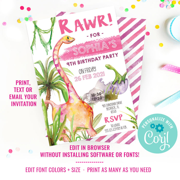 Girl Dinosaur Watercolor Birthday Invitation