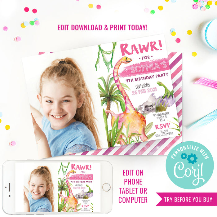 Girl Dinosaur Watercolor Birthday Photo Invitation