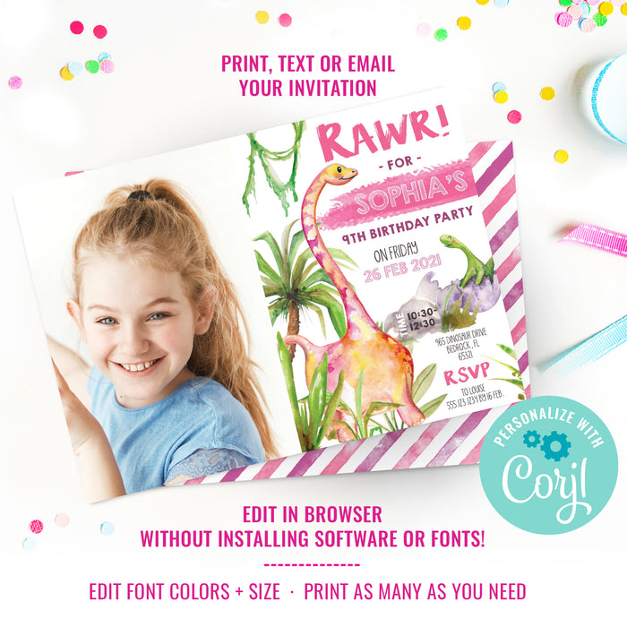 Girl Dinosaur Birthday Photo Invitation