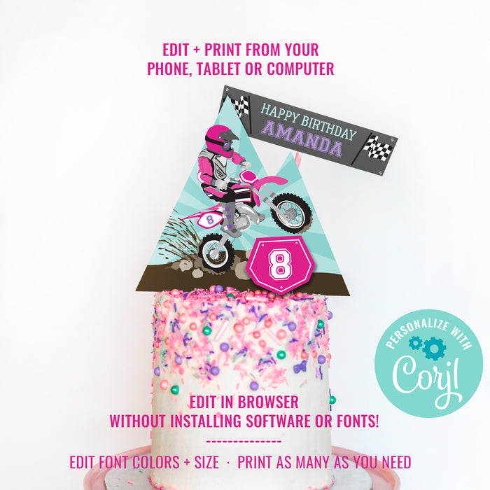 Dirt Bike Birthday Party Cake Topper for Girls | Girls Motorbike Party Cake | Motocross Party