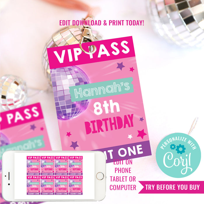 DJ Disco Bunny Birthday Party VIP Lanyard Pass | DJ Disco Bunny Rabbit Party Printable Pass