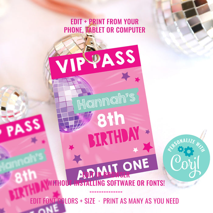 DJ Disco Bunny Birthday Party VIP Lanyard Pass | DJ Disco Bunny Rabbit Party Printable Pass