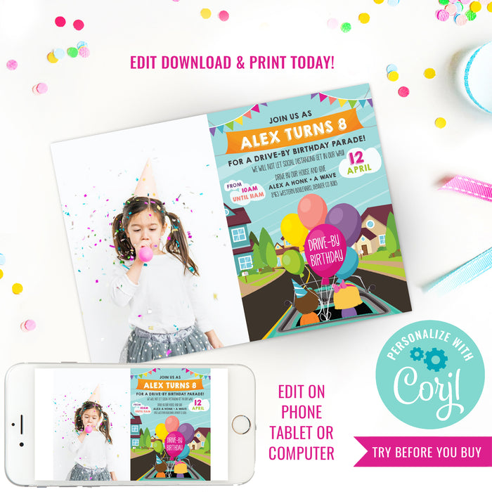 Drive By Birthday Parade Picture Invitation | Girls Quarantine Birthday | Social Distancing Birthday