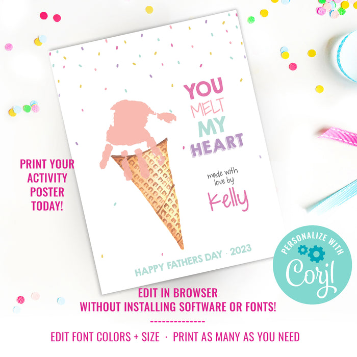 Father's Day Gift Hand Print Art | Printable For Dad | You melt my Heart | DIY Paint Kids Art Activity