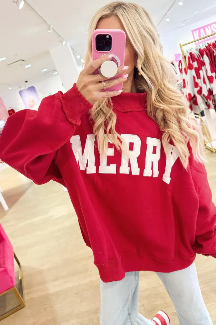 Fiery Red MERRY Embroidered Letter High Neck Tunic Pullover Sweatshirt