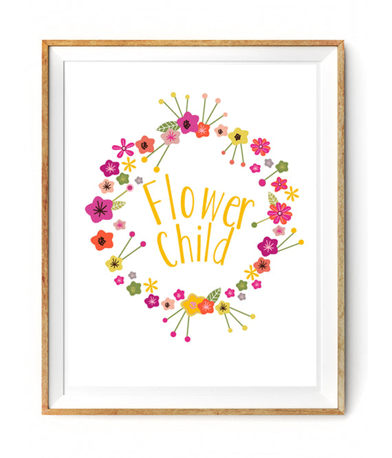 So pretty! Perfect for your little one's bedroom wall! A bright., modern and whimsical styled floral wreath with 'Flower Child'.