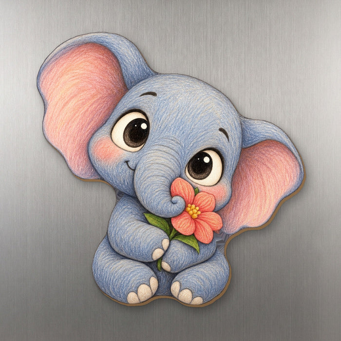 Forget-Me-Not Elephant wood magnet M225 on a stainless steel fridge, made in USA
