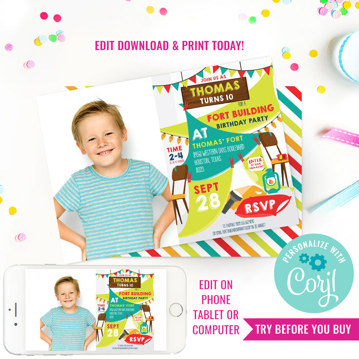 Fort Building Party Invitation | Boys Fort Party Photo Invitation