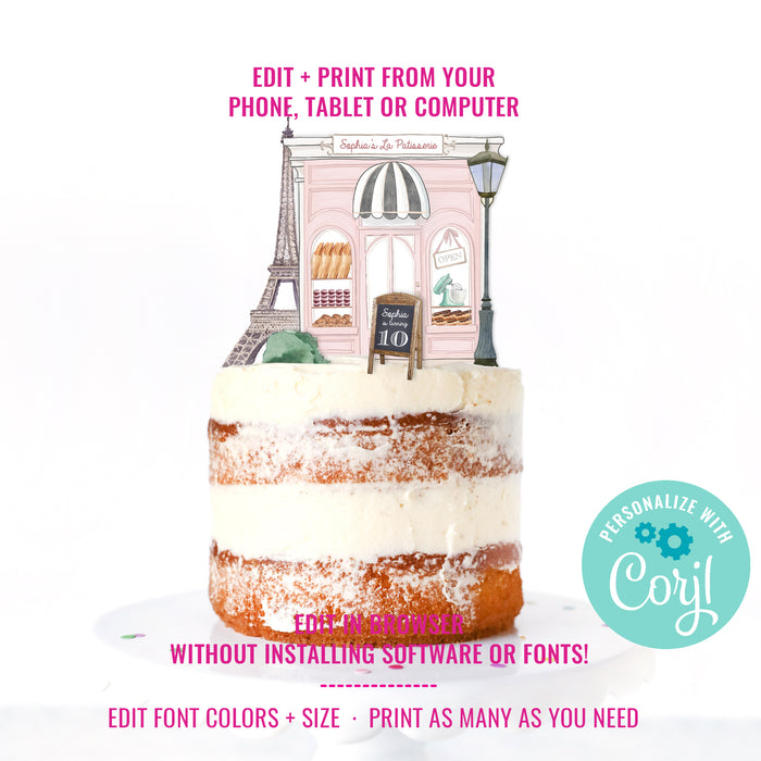 French Patisserie Party Cake Topper | French Café Printable Topper | Paris Party Cake