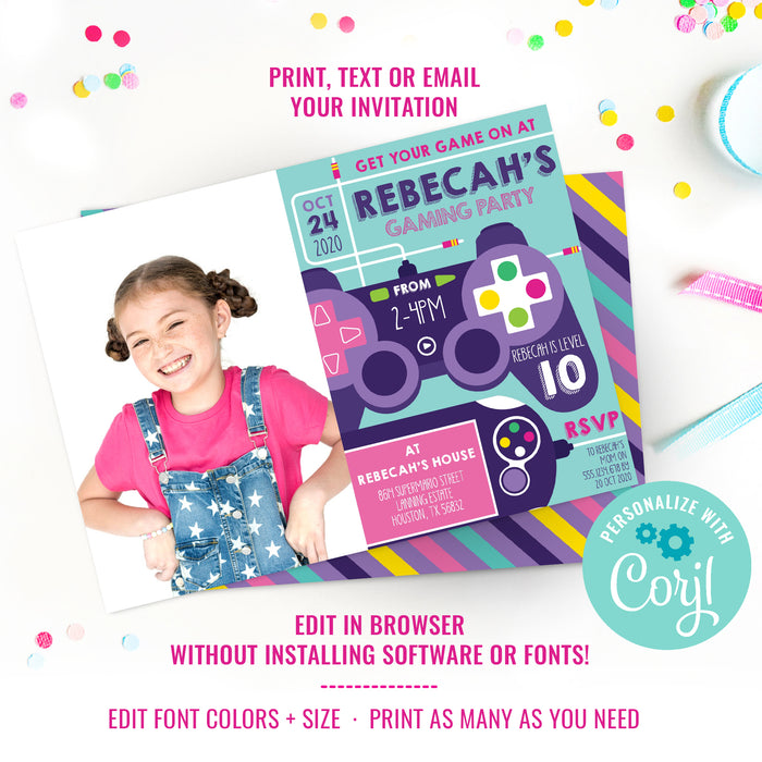 Gaming Party Photo Invitation For Girls