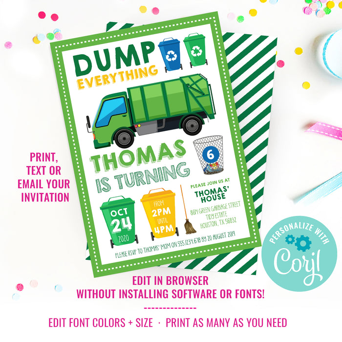 Green Garbage Truck Party Invitation