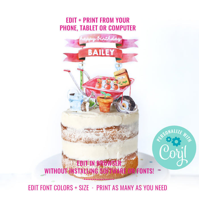 Gardening Party Birthday Cake Topper