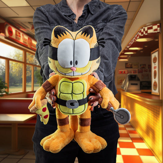 13-inch Garfield x Teenage Mutant Ninja Turtles Garfello plush toy featuring Garfield and Turtles characters in soft fabric.