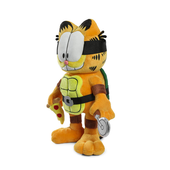13-inch Garfield x Teenage Mutant Ninja Turtles Garfello plush featuring Garfield's face with ninja turtle details and vibrant colors.