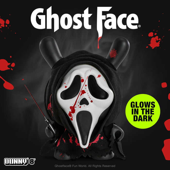 Ghost Face 8-inch Dunny vinyl art figure with glow-in-the-dark features, Bloody Edition, showcasing detailed design and menacing expression.