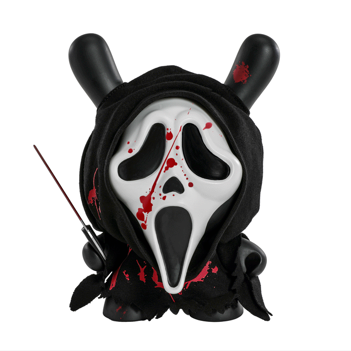 Ghost Face 8-inch glow-in-the-dark vinyl Dunny art figure with bloody edition, featuring detailed design and vibrant colors.