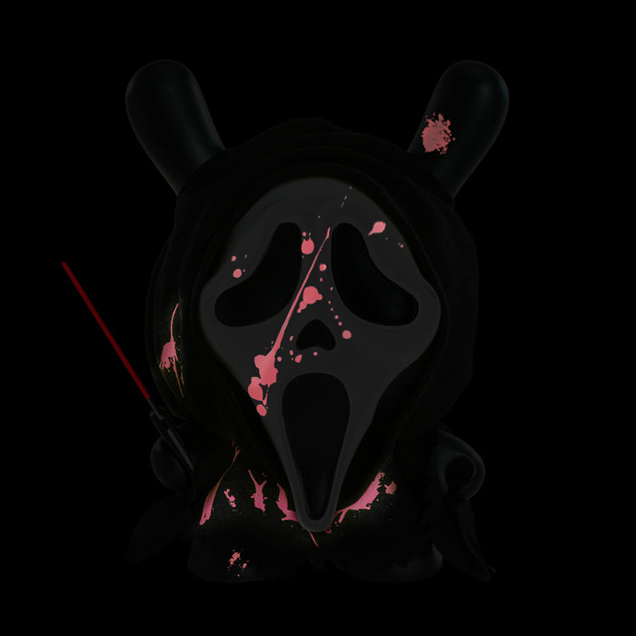 Ghost Face 8-inch Dunny glow-in-the-dark vinyl art figure in bloody edition, featuring detailed design and spooky ghost face artwork.
