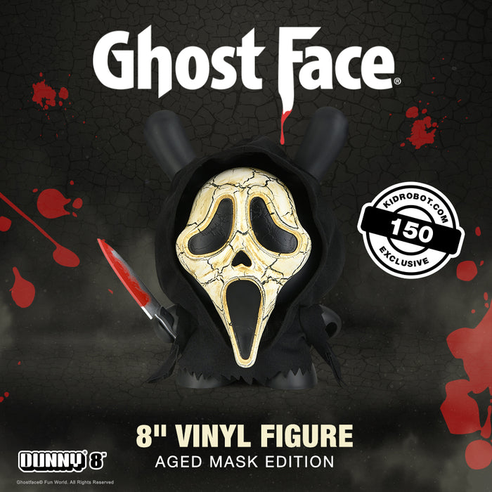 Ghost Face 8-inch Dunny vinyl art figure with aged mask design, limited edition collectible by Ghost Face, pre-order available.