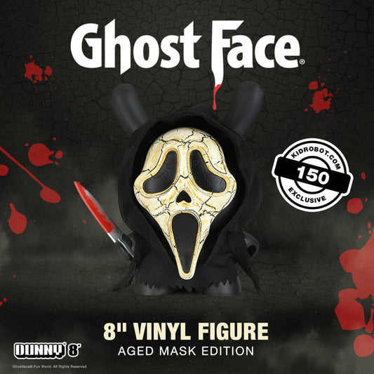 Ghost Face 8-inch Dunny vinyl art figure with aged mask design, limited edition collectible by Ghost Face, pre-order available.
