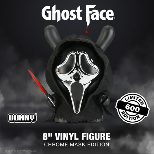 Chrome mask edition Ghost Face 8-inch Dunny vinyl art figure with detailed design, pre-order available, collectible toy.