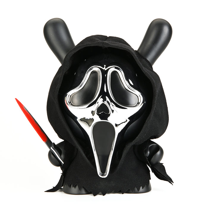 Chrome mask Ghost Face 8-inch Dunny vinyl art figure with detailed design, front view showcasing its distinctive face and glossy finish.
