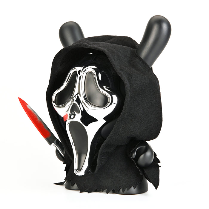 Chrome mask edition Ghost Face 8-inch Dunny vinyl art figure with detailed design and iconic ghost face expression.
