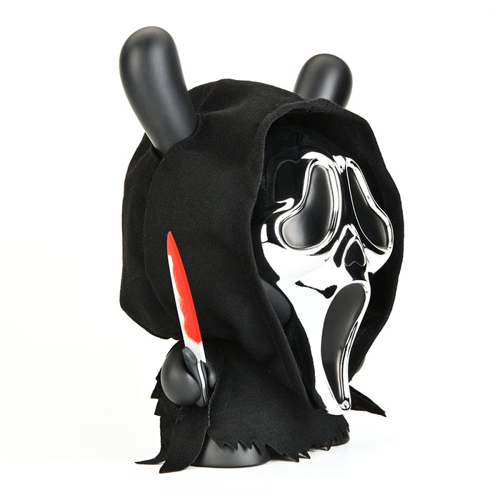 Chrome Mask Ghost Face 8-inch Dunny vinyl art figure with detailed design and glossy finish, pre-order collectible toy.