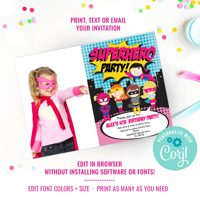 Girl Superhero Photo Invitation