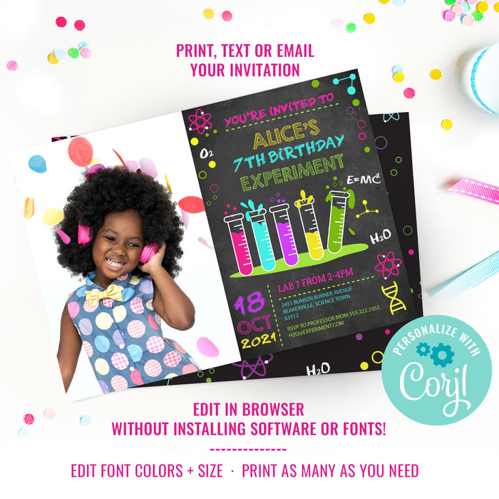 Girls Science party Photo Invitation