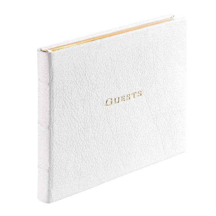 Guest Book in White Pebble Leather — leather binding and cover design