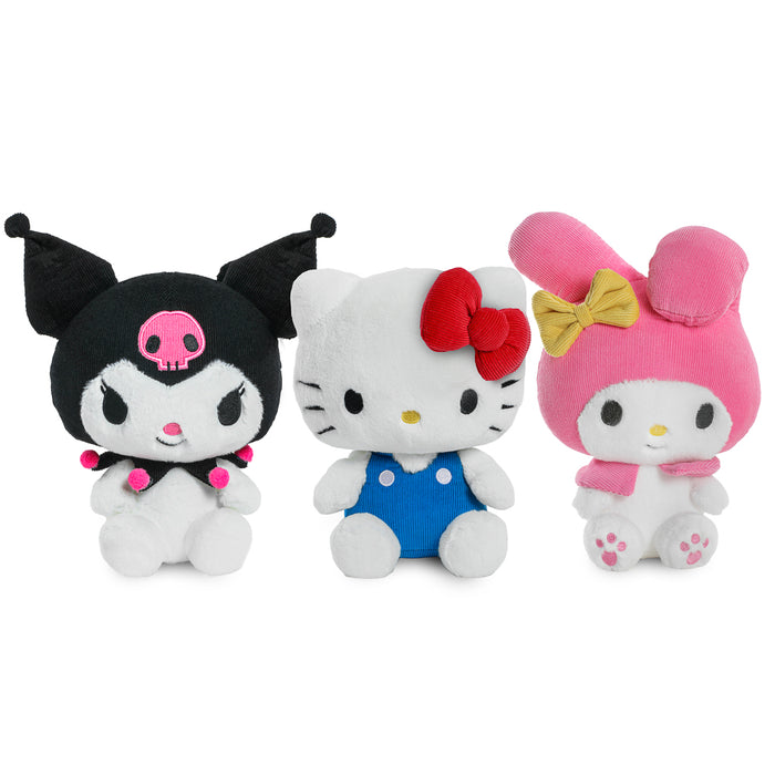 Sanrio Hello Kitty, My Melody, and Kuromi plush toys from the Phunny Plush 3-Pack, featuring soft, colorful character figures.