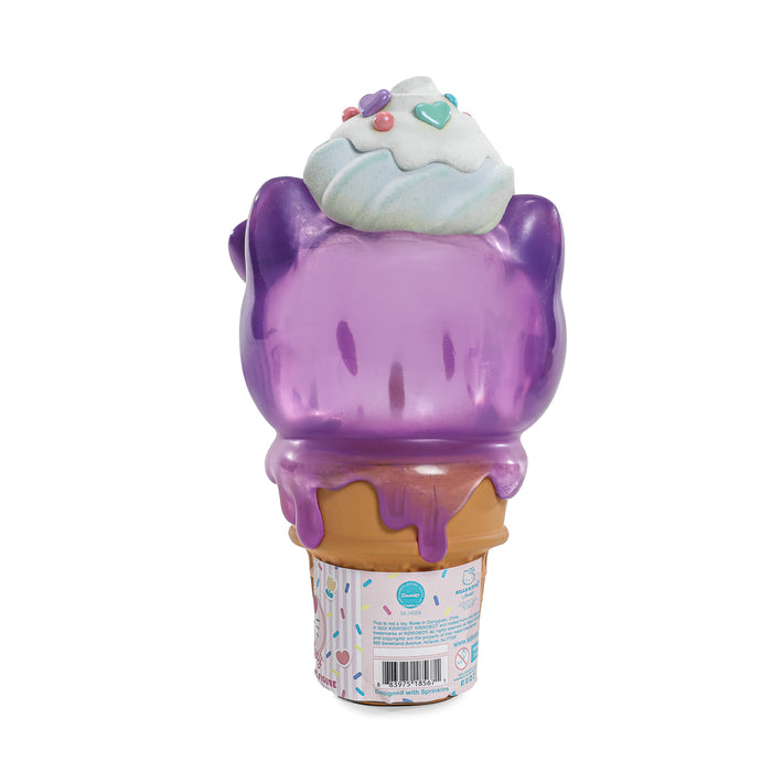 Hello Kitty Ube Edition ice cream cone art figure and pin bundle by Sanrio, limited edition vinyl collectible, translucent design.