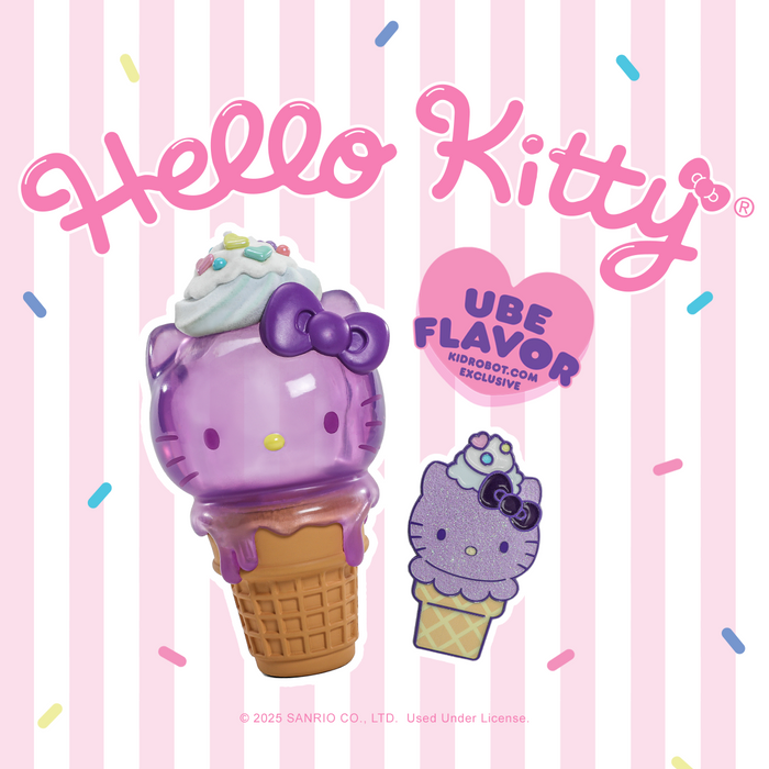 Hello Kitty Ube Ice Cream Cone art figure and pin bundle by Sanrio, featuring adorable Hello Kitty design and limited edition details.