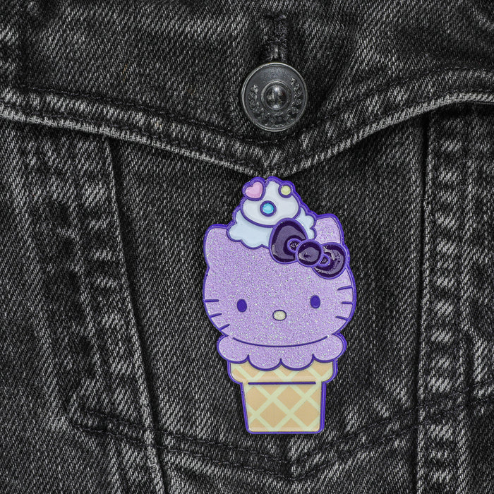 Sanrio Hello Kitty® glitter Ube ice cream cone enamel pin, limited edition collectible, with colorful design and shiny accents.