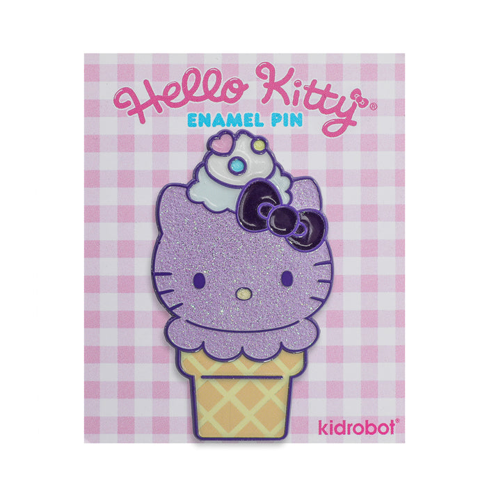Hello Kitty enamel pin featuring an ice cream cone design with glitter ube accents, limited edition Sanrio collectible.