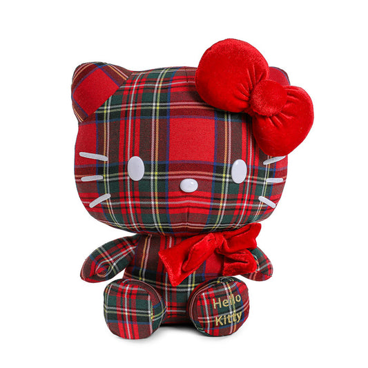 Sanrio Hello Kitty® plush toy with a plaid fabric design, soft and cuddly, perfect for collectors and fans of cute plush accessories.
