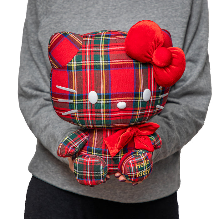 Sanrio Hello Kitty plaid plush toy with soft fabric and cute design, perfect for cuddling and collector's display.