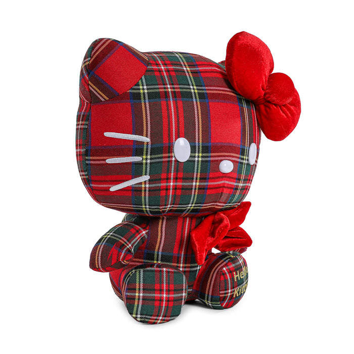 Sanrio Hello Kitty plaid plush toy with soft fabric and embroidered facial features, perfect for cuddling or display.