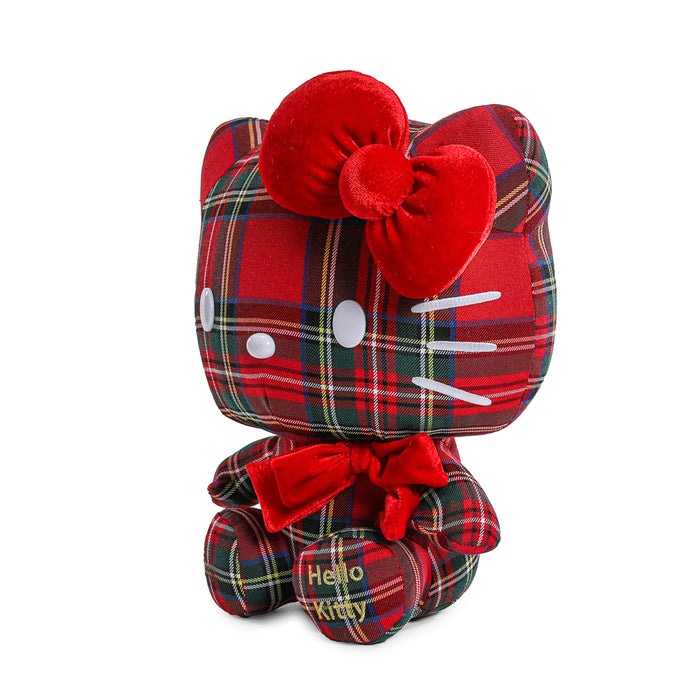 Sanrio Hello Kitty plaid plush toy with soft fabric and embroidered face, perfect for cuddling and display.