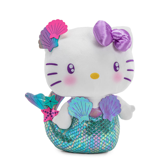 Hello Kitty purple mermaid plush toy by Sanrio featuring a cute mermaid design with purple fins and a friendly face.