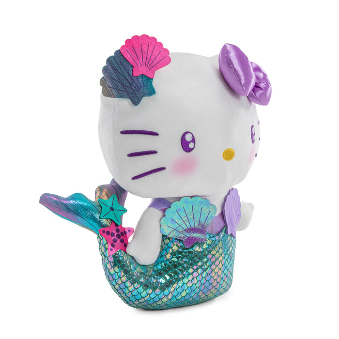 Hello Kitty purple mermaid plush toy by Sanrio, featuring a soft plush design with a mermaid tail and cute character details.