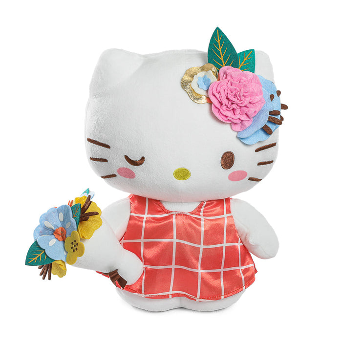 Hello Kitty springtime plush toy from Sanrio featuring a cute, colorful plush cat with floral accents and soft fabric.