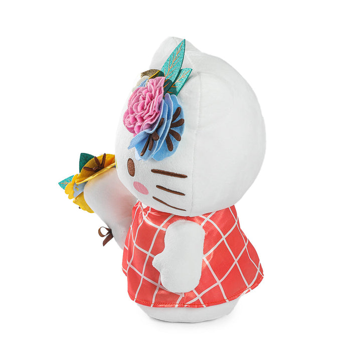 Sanrio Hello Kitty springtime plush toy with pastel-colored clothing and floral accessories, soft and cuddly for children.