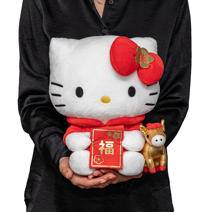 Large Hello Kitty plush toy with a lucky horse, soft Sanrio plush featuring Hello Kitty and a cute horse companion.