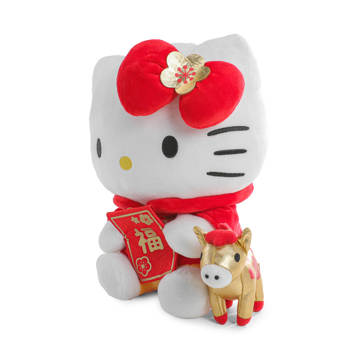 Sanrio Hello Kitty plush toy with a lucky horse, large size, soft fabric, featuring Hello Kitty's iconic face and a colorful horse accessory.